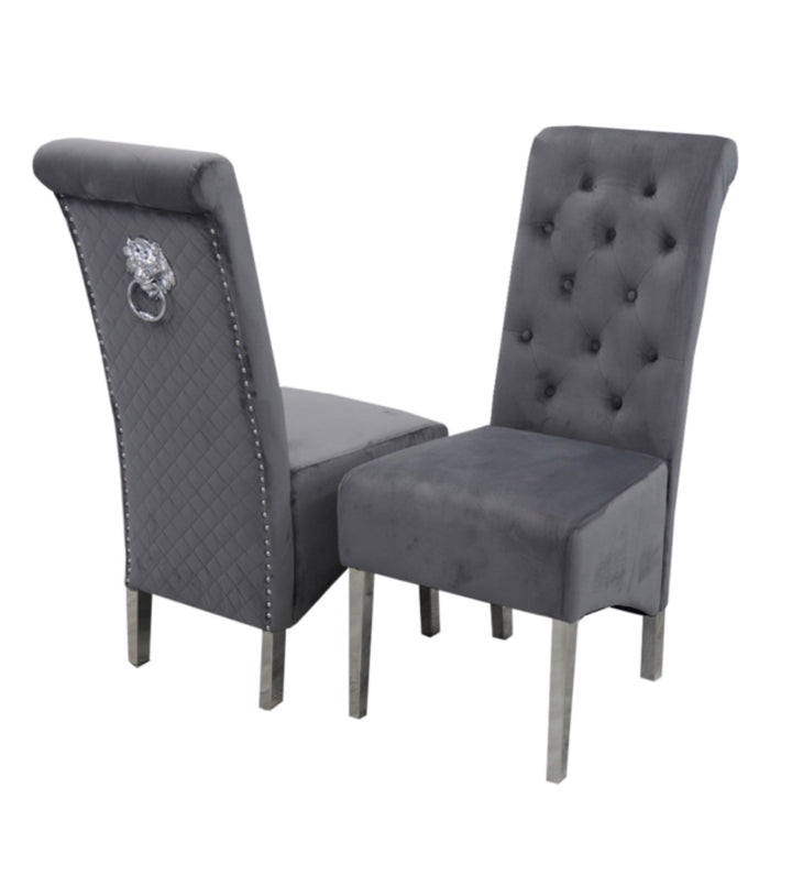 Rose 180cm Grey Marble Dining Table With Lion Knocker Dining Chairs