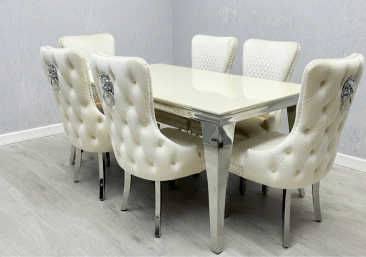 Louise Cream Marble Dining Table Set With Victoria Cream Lion knocker Chairs