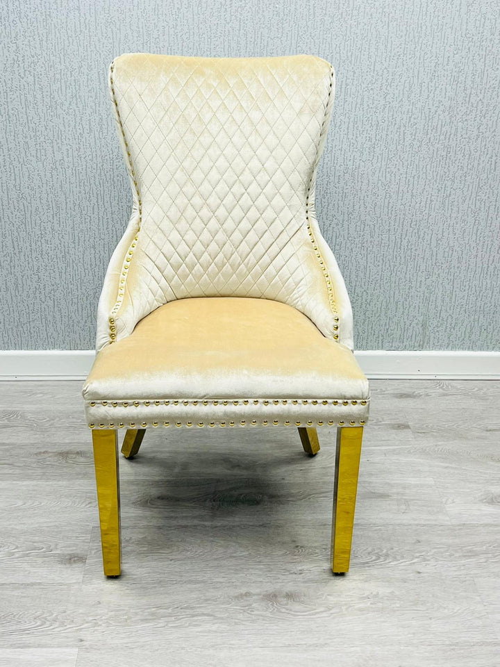 Sofia Marble Cream And Gold Dining Table With Victoria Cream And Gold Bench And Victoria Cream and Gold Lion Knocker Chairs