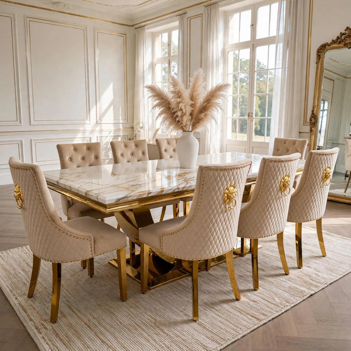 London White & Gold Marble Dining Table with Mink & Gold Lion Knocker Velvet Chairs – 4, 6 & 8 Seater