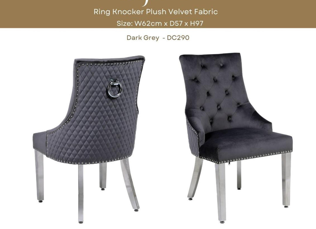 Louis Marble Dining Table + Majestic Dining Chairs Ring Knocker Dark Grey