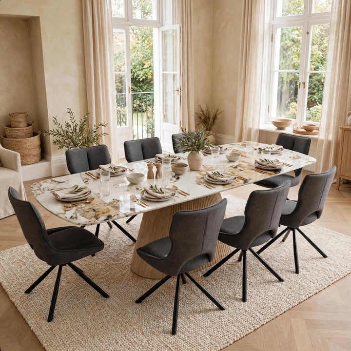 Marino Pandora Beige Extendable Dining Table 160-240cm with Roseland Grey Velvet 360° Swivel Chairs