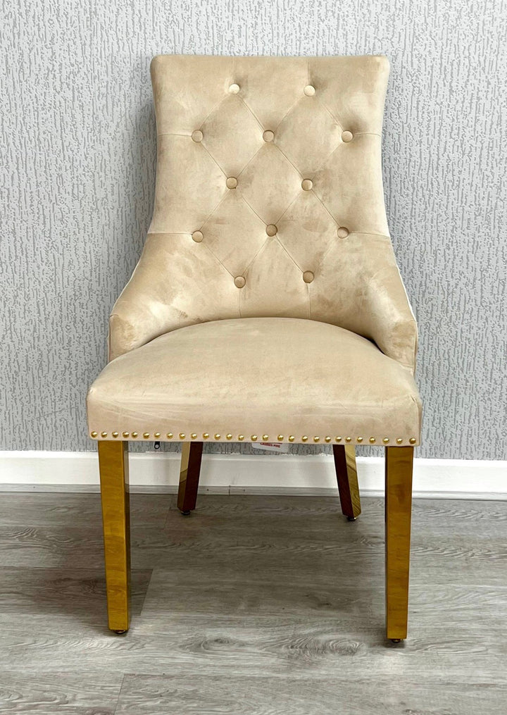 1.8M Mayfair Gold Dining Table with Majestic Gold Lion Knocker Dining Chairs | Luxury UK Dining Set