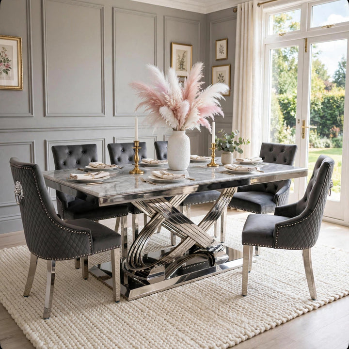 Rose Light Grey Marble Dining Table & Dark Grey Velvet Lion Knocker Chairs