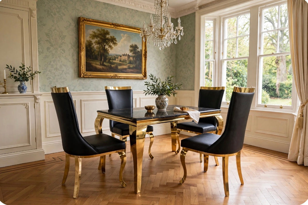 Louise Cream & Gold Marble Dining Table with Roxby Cream & Gold Dining Chairs
