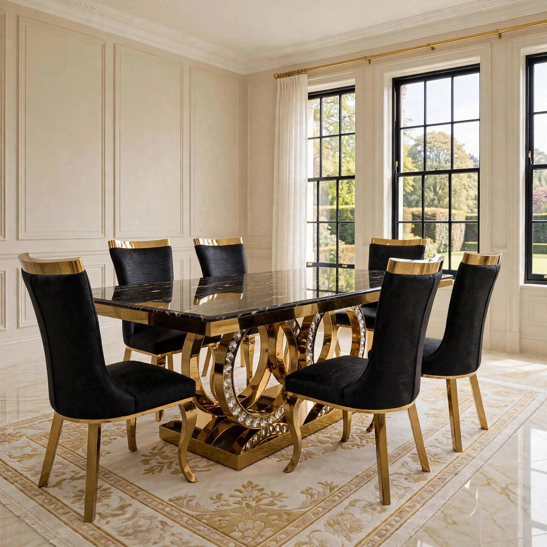 180cm Crystal Black & Gold Marble Dining Table with Pu Leather Roxby Black & Gold Chairs
