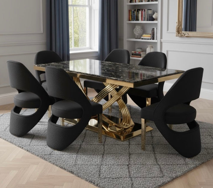 Rose Black and Gold Marble Dining Table + Santorini Black And Gold Dining Chairs