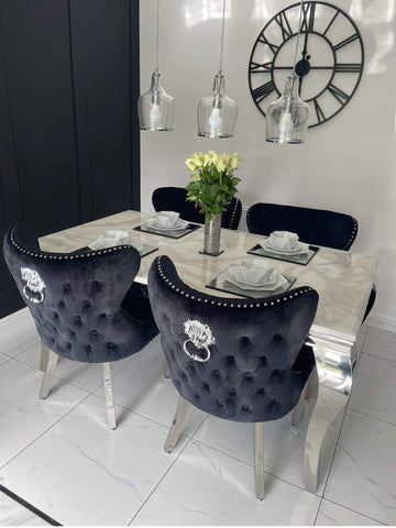 Louis Marble Dining Table With Valentino Dark Grey Lion knocker Chairs