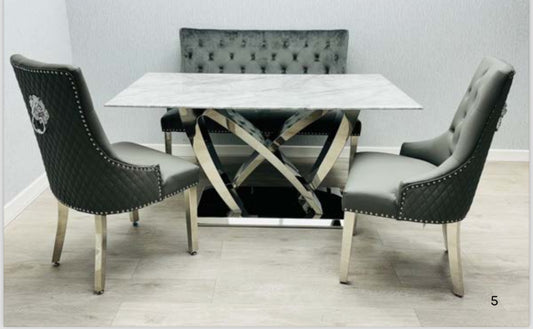 California Marble Dining Table Grey + Majestic Dining Chairs Lion Knocker