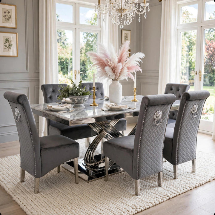 Rose Light Grey Marble Dining Table with Sofia Dark Grey Lion Knocker Velvet Chairs