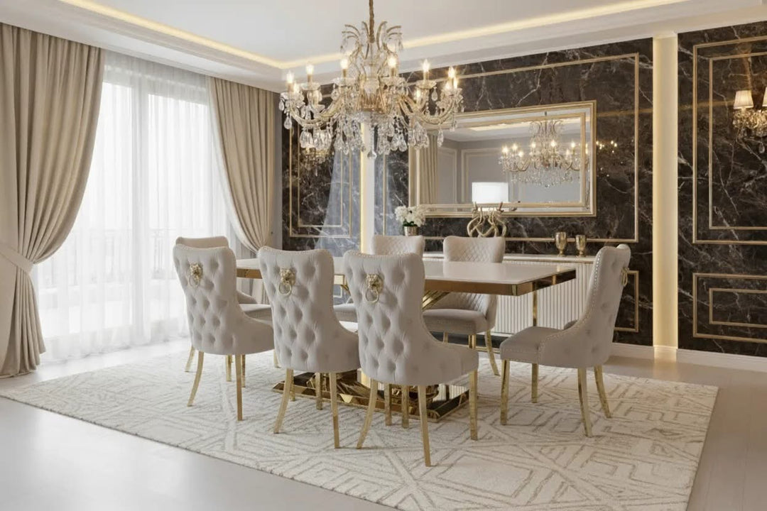 Rose Gold Marble Dining Table Cream + Victoria Cream And Gold Dining Chairs