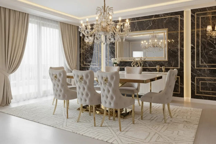 Rose Gold Marble Dining Table Cream + Victoria Cream And Gold Dining Chairs