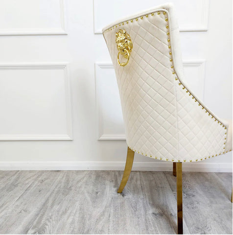 Louise Gold Table With Bentley Cream & Gold Dining Chairs Lion Knocker