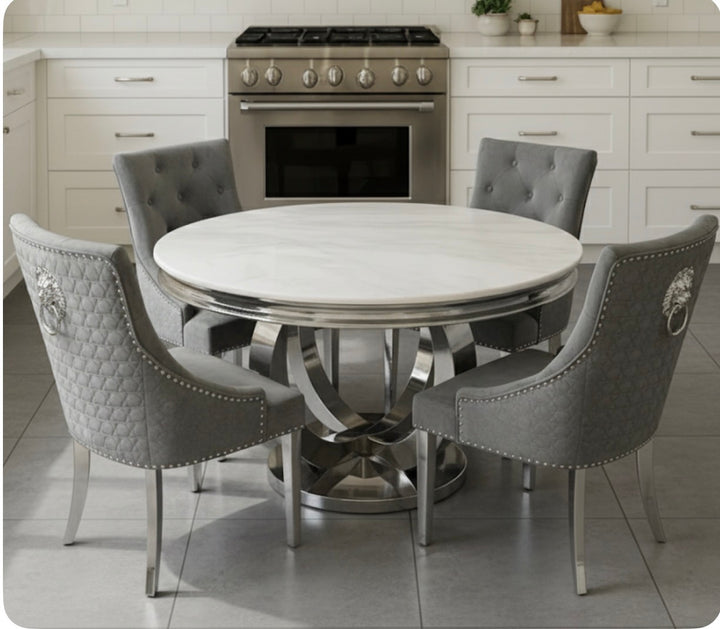 1.3M Chealse Round Marble Dining Set With Majestic Chairs Lion Knocker