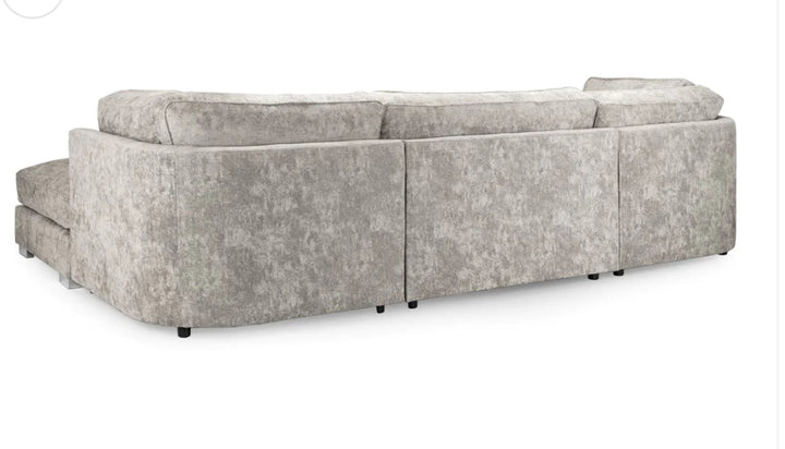 A gray u-shaped corner sofa with truffle-colored upholstery, featuring a solid wooden frame and moveable footstools.