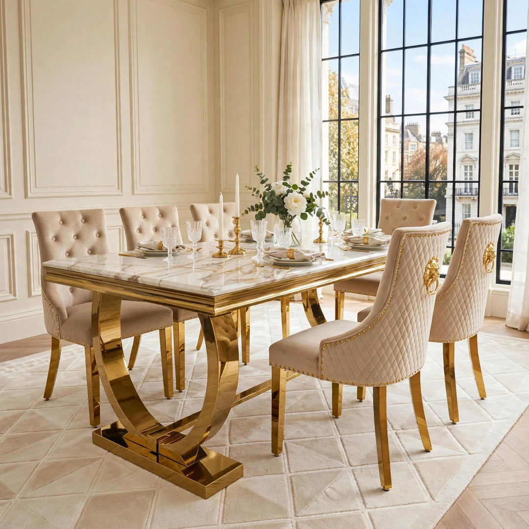 Arianna White & Gold Marble Dining Table With Mink & Gold Velvet Lion Knocker Chair- 4,6 or 8 Seater