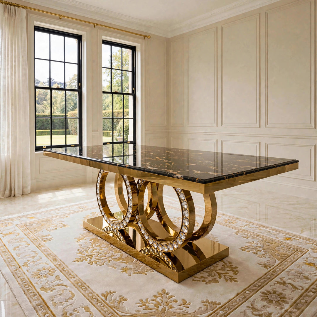 180cm Crystal Black & Gold Marble Dining Table with Victoria Black Velvet Gold Chairs