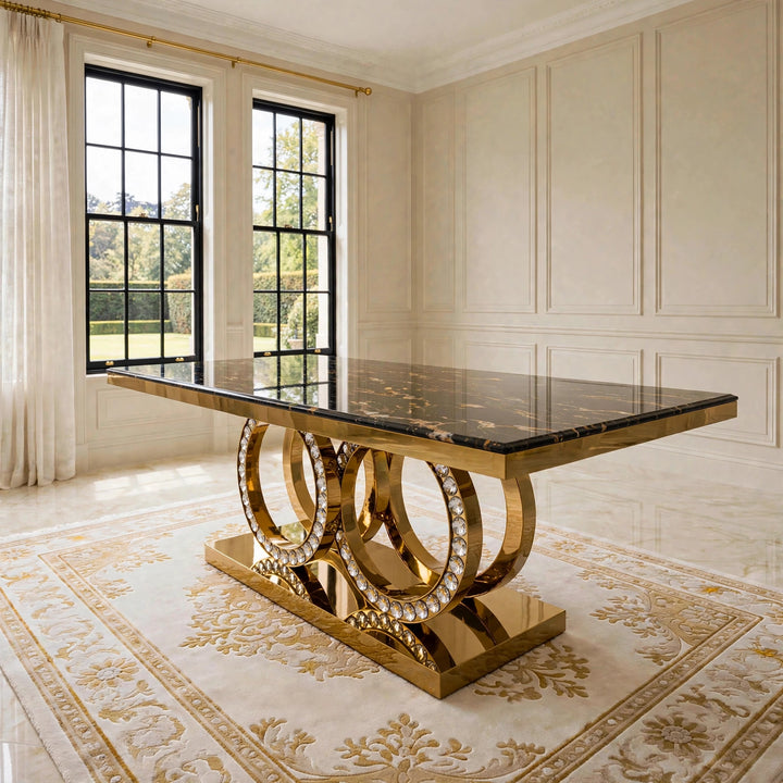 180cm Crystal Black & Gold Marble Dining Table with Victoria Black Velvet Gold Chairs