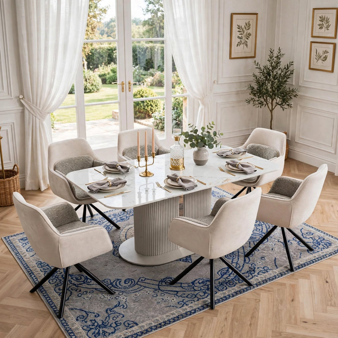 Alasgar Marble Dining Table 160cm White & Cream Pedestal Table with Florence 360 Beige Velvet Swivel Chairs Dining Set