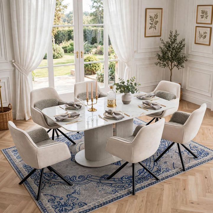 Alasgar Marble Dining Table 160cm White & Cream Pedestal Table with Florence 360 Beige Velvet Swivel Chairs Dining Set