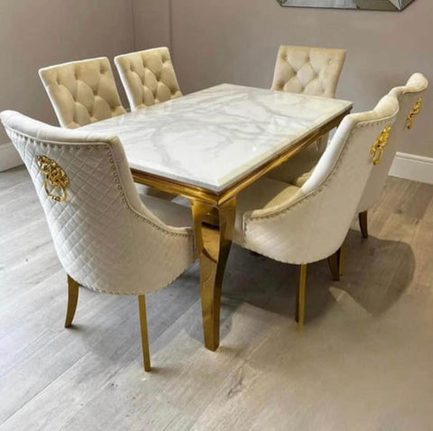 Louise Gold Table With Bentley Cream & Gold Dining Chairs Lion Knocker