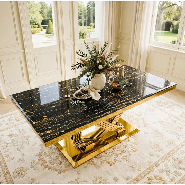 Rose Black & Gold Marble Dining Table with Victoria Black And Gold Velvet Dining Chairs | 160cm or 180cm
