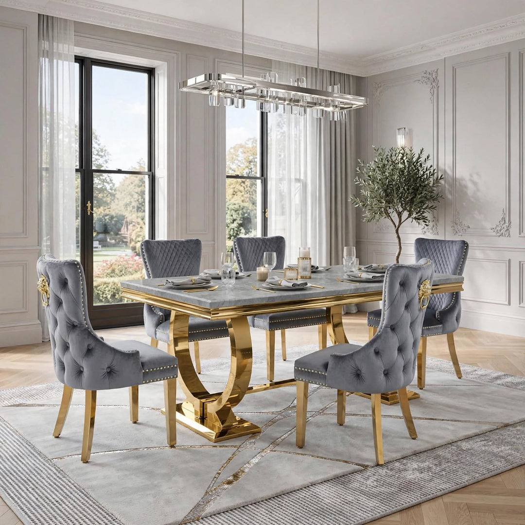 Arianna Light Grey Gold Marble Dining Table With Victoria Grey & Gold Velvet Chairs