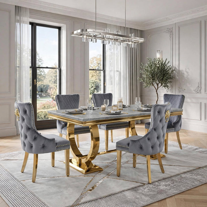 Arianna Light Grey Gold Marble Dining Table With Victoria Grey & Gold Velvet Chairs