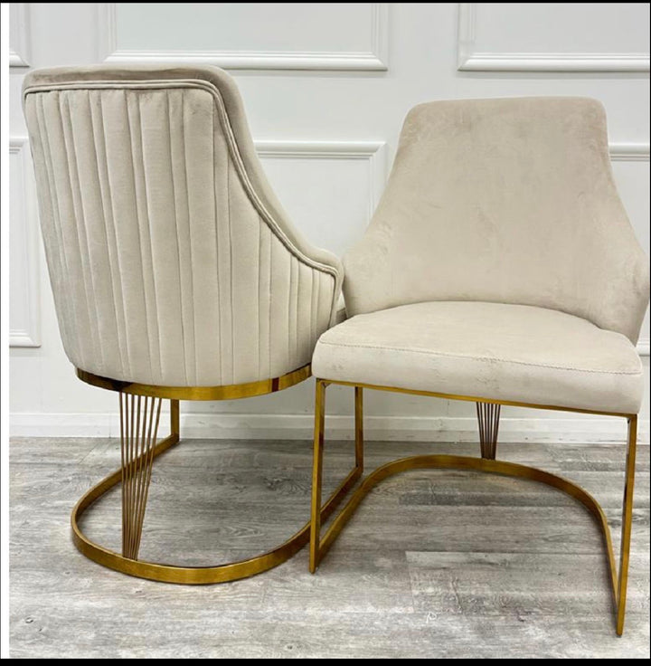 Sorrento White Marble Dining Table Gold + Lasco Mink And Gold Dining chairs