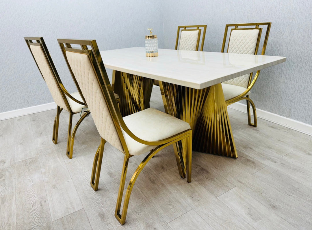 Rocco 180cm Cream And Gold Dining Table + Windsor Cream And Gold Dining Chairs