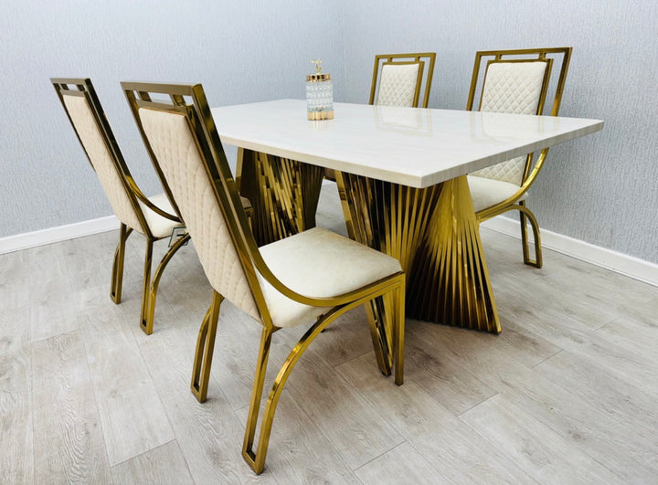 Rocco 180cm Cream And Gold Dining Table + Windsor Cream And Gold Dining Chairs