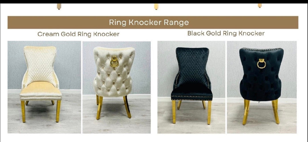 Louise Black And Gold Marble Dining Table + Victoria Black And Gold Dining Chairs Ring Knocker