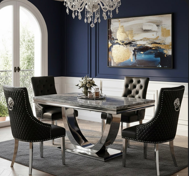 Ariel Grey Marble Dining Table with Black PU Leather Dining Chairs – Modern Luxury Dining Set
