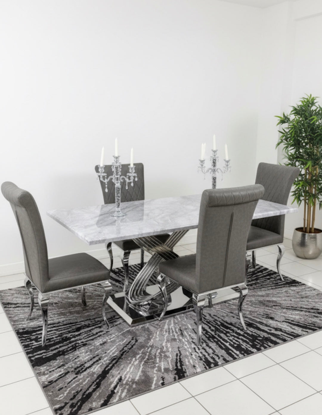 Rose 160cm Grey Marble Dining Table + London Leather Dark Grey Dining Chairs