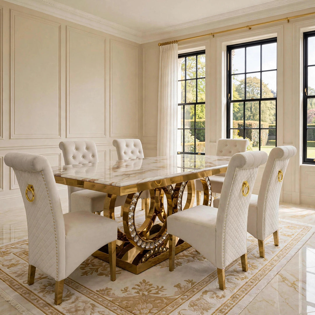 160cm Crystal White & Gold Dining Table Set with 4, 6, or 8 Sofia Velvet Chairs Cream & Gold