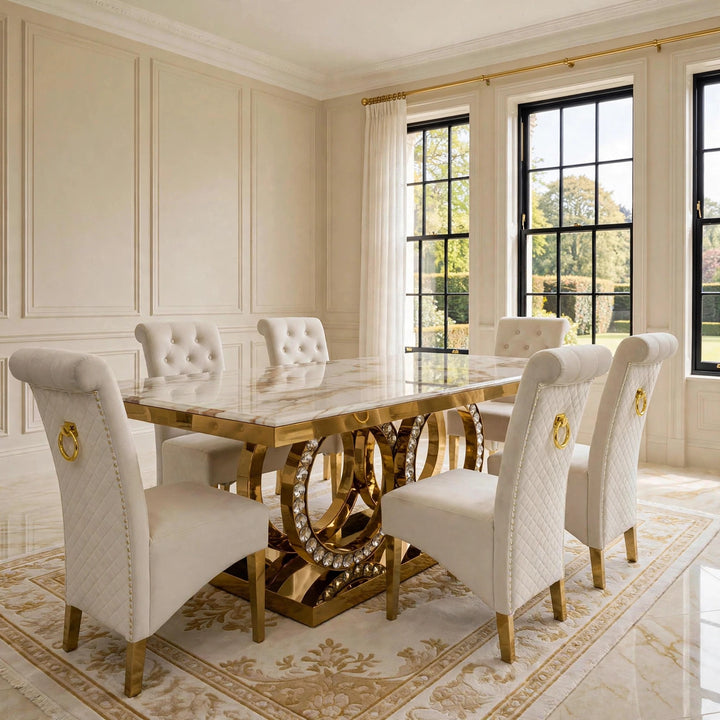 160cm Crystal White & Gold Dining Table Set with 4, 6, or 8 Sofia Velvet Chairs Cream & Gold