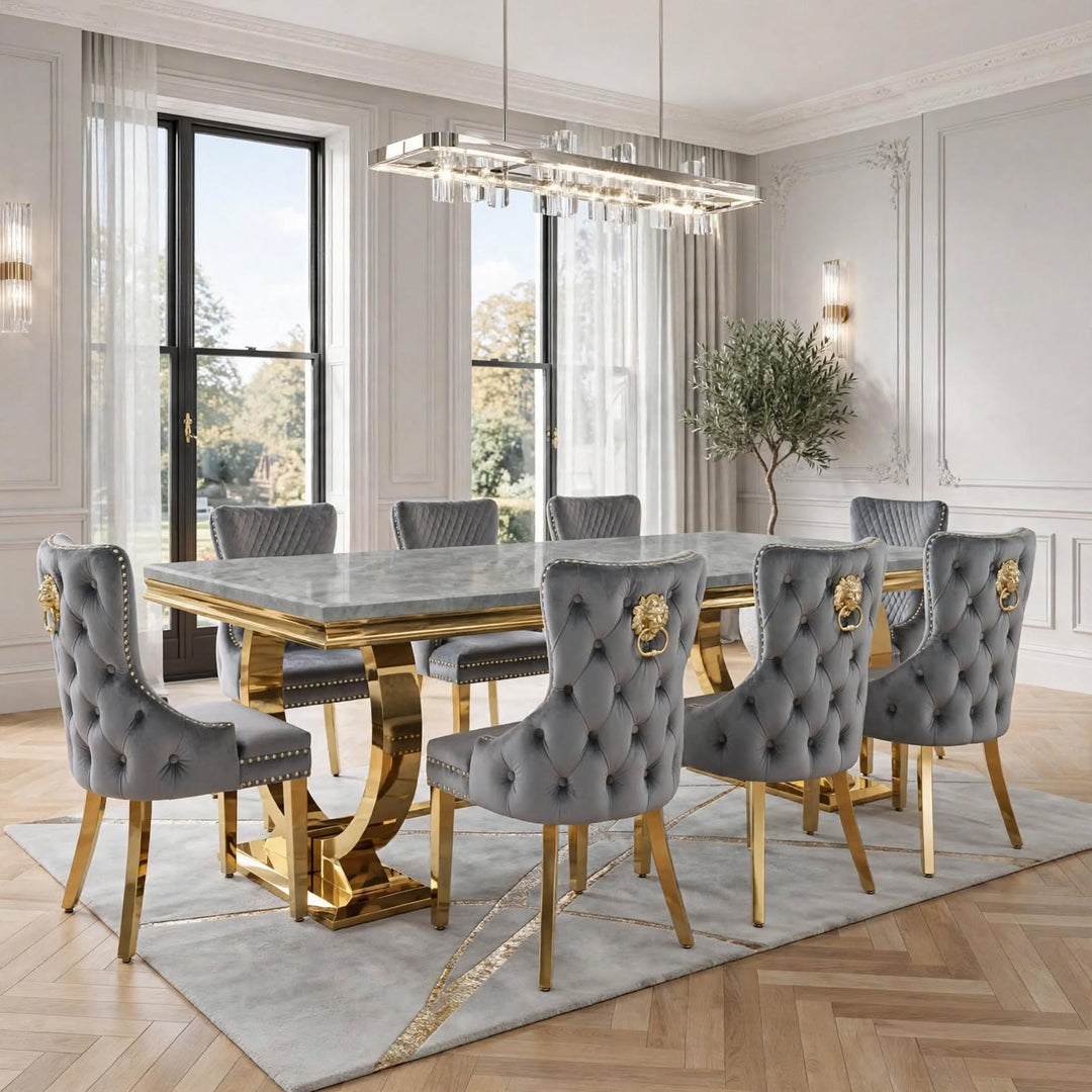 Arianna Light Grey Gold Marble Dining Table With Victoria Grey & Gold Velvet Chairs