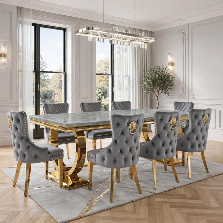 Arianna Light Grey Gold Marble Dining Table With Victoria Grey & Gold Velvet Chairs