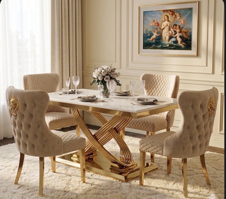 Rose Cream & Gold Marble Dining Table Set with Valentino Mink & Gold Dining Chairs – Luxury Modern Dining Furniture