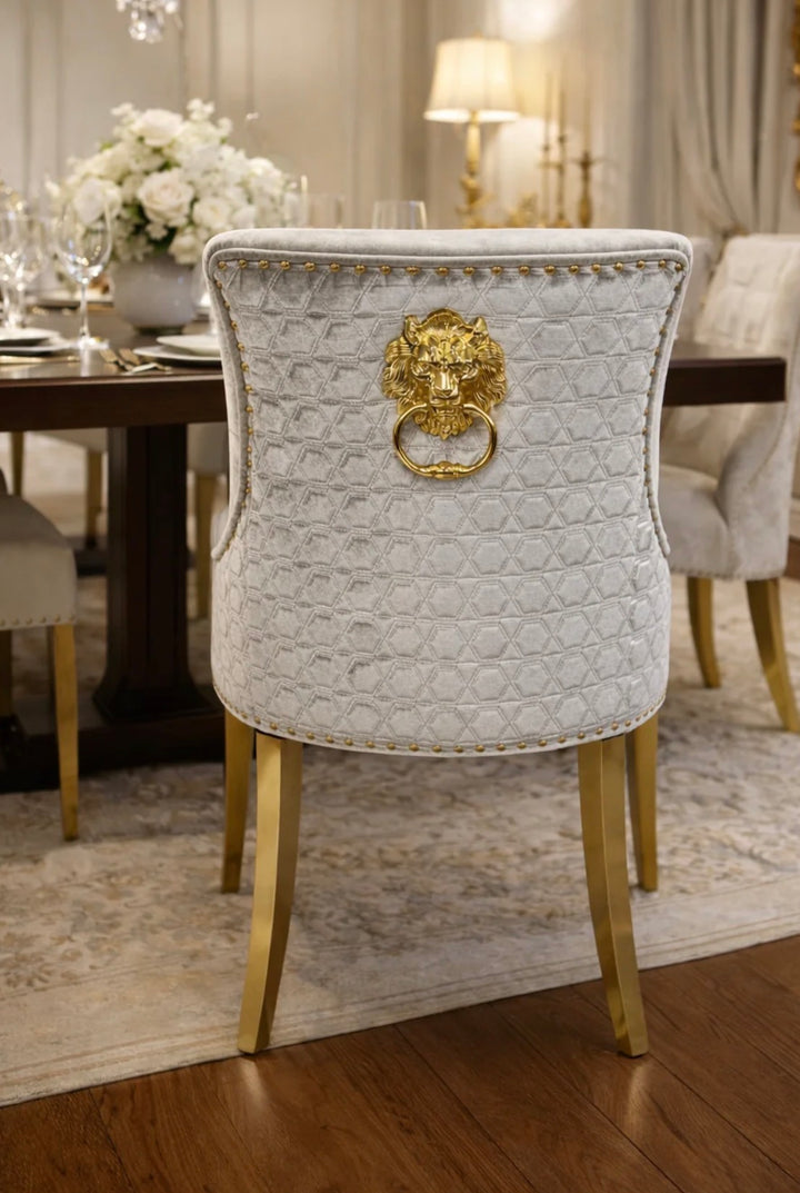 Majestic Light Grey Silver & Gold Dining Chair Lion Knocker| Set Of 2