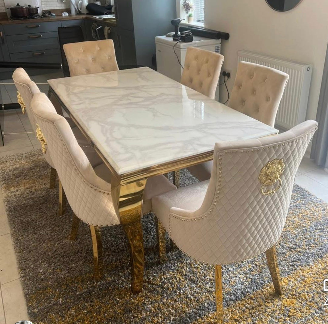 Louise Marble Dining Set Gold with Majestic Navy Blue & Gold Lion Knocker Chairs – Luxury Marble Dining Table