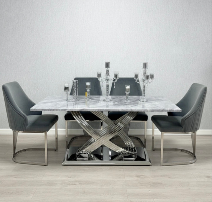 Rose 180cm Grey Marble Dining Table + Lasco Dark Grey Dining Chairs