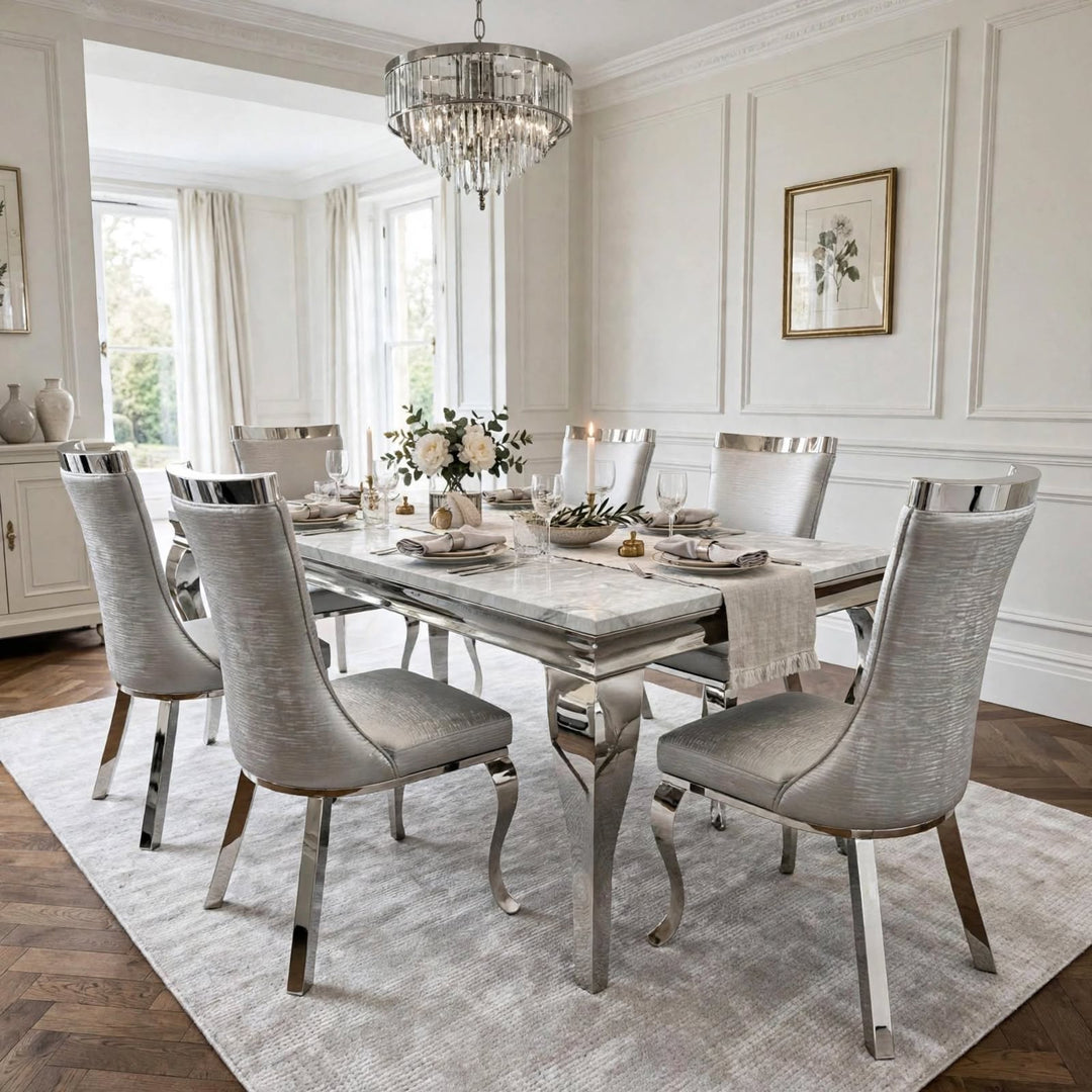 Louise Marble Dining Table & Roxby Silver Dining Chairs | Modern Marble Dining Set UK