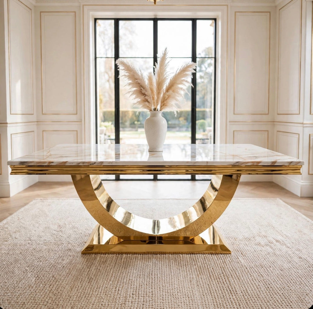 London Gold Dining Table with Victoria Cream & Gold Velvet Luxury Dining Set