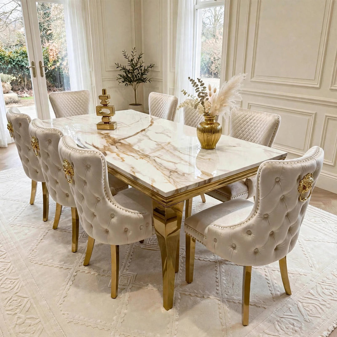 Louise White And Gold Marble Dining Table + Victoria Gold Dining Chairs Cream & Gold Lion Knocker