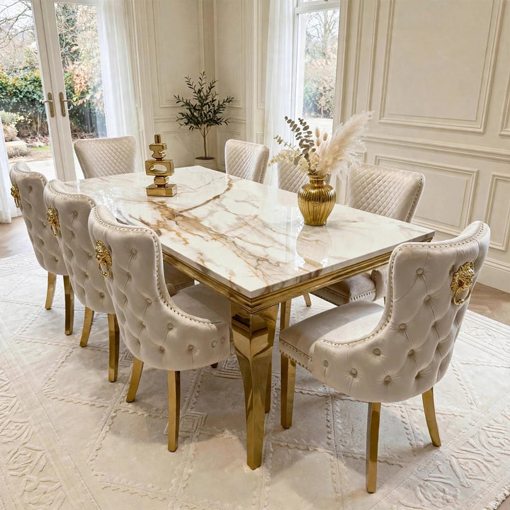 Louise White And Gold Marble Dining Table + Victoria Gold Dining Chairs Cream & Gold Lion Knocker