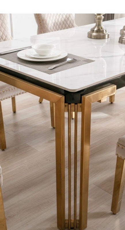 Sorrento White Marble Dining Table Gold + Lasco Mink And Gold Dining chairs