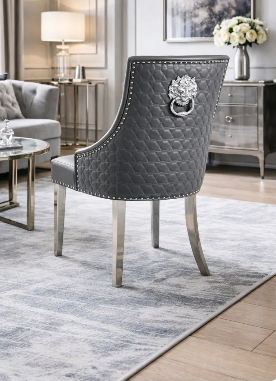 Pair Of 2 Roma Dark Grey PU Leather Chairs Lion Knocker