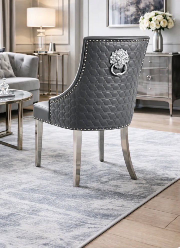 Pair Of 2 Roma Dark Grey PU Leather Chairs Lion Knocker