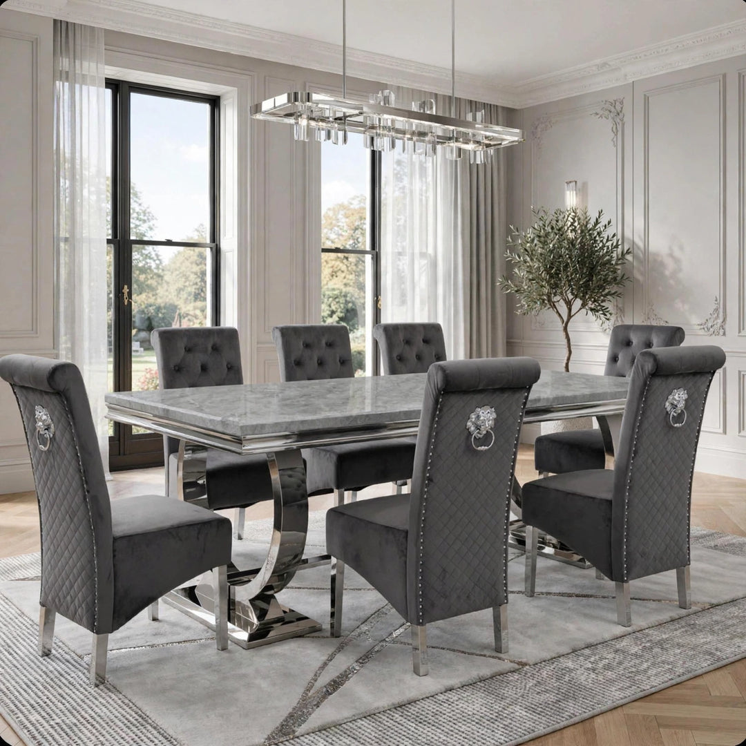 Arianna Light Grey Marble Dining Table With Dark Grey Lion Knocker Chairs